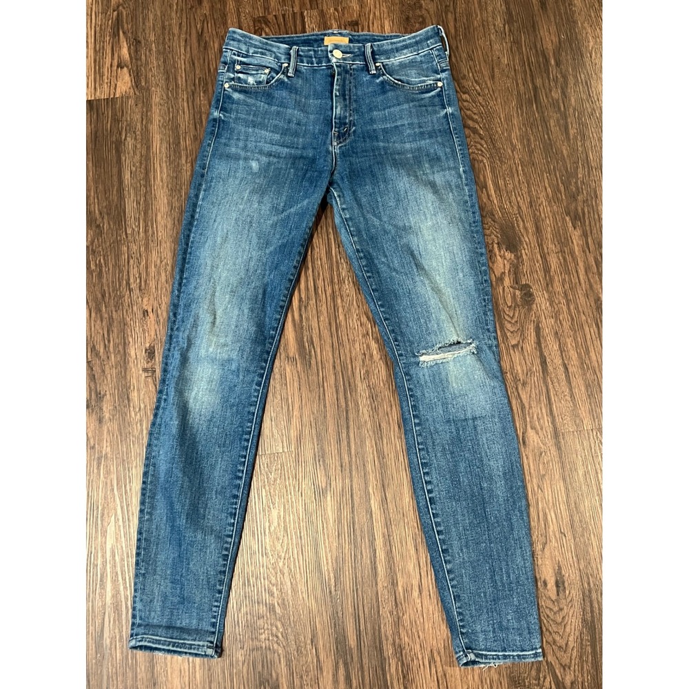 Mother High Waisted Looker Jeans High Five Blue Distressed Skinny Size 27